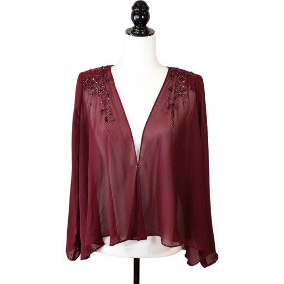 Tradition Beaded Over Blouse Size 8 Shoulder Pad Red Maroon Sheer High Low CA303 - Picture 4 of 13